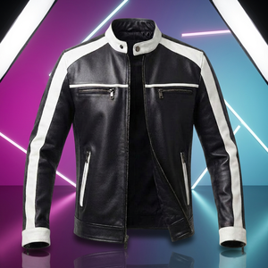 Blouson moto homme en cuir PU noir et rouge, col montant, fermeture éclair, coupe ajustée, style automne - Product Image 2