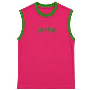 Camiseta sin mangas rosa intenso con ribete verde y logotipo personalizado, chaleco informal de algodón para mujer, cuello redondo, tops de moda de verano, OEM - Product Image 1