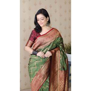 Sari de Seda Suave Banarasi Verde y Granate con Tejido ZigZag Meenakari Zari de Elite Weaves para Mujer, 650g - Product Image 4