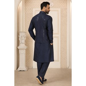 Navy Blue Nehru Jacket for Men Sequence Work with <b>Art</b> Silk Bottom Men's Outerwear Set - Product Image 2