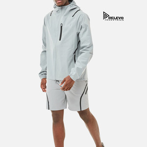 High Quality Custom Men's Summer Hooded Sporty Windbreaker <b>Knitted</b> ODM Shorts <b>Set</b> Solid Pattern Nylon - Product Image 3
