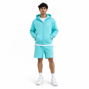 Sweat-shirt à capuche zippé turquoise pour homme en coton French Terry avec poche et logo – Ensemble décontracté d'été avec short – Fournisseur - Product Image 1