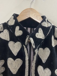 Y2K <b>Black</b> Velvet OPEN CLOSURE Jacket <b>Women</b> MANDARIN Collar Silver Embroidered Floral Heart Pattern Short <b>Coat</b> - Product Image 4