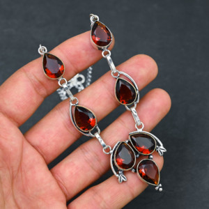 Customized Handmade Red Garnet Lab Created Pear Shape Sterling Silver Necklace with Pearl Luxury Women' Jewelry for Wedding Gift - Product Image 1