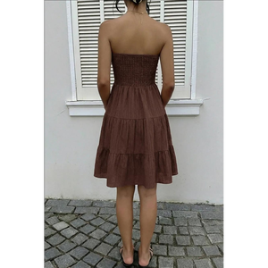 Vestido Mini Fruncido sin Tirantes con Volantes Color Chocolate - Product Image 4