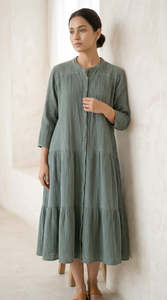 Sage Green <b>Linen</b> <b>Maxi</b> <b>Dress</b> Crew Neck Three Quarter Sleeves For Women Featuring Lightweight Fabric Modern Style Comfortable Fit - Product Image 2