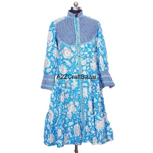 Vestido túnica de manga larga con cuello redondo tejido de algodón puro ecológico indio, diseño Floral con estampado de bloques, Midi, limpieza en seco informal de invierno - Product Image 1