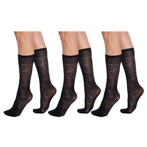 Calze al ginocchio trasparenti da donna, 3 paia, con motivo floreale e fascia antiscivolo - Product Image 1
