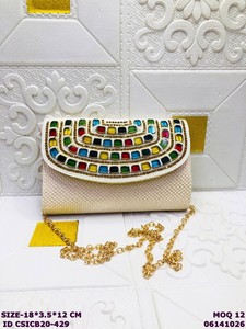 Handmade Satin <b>Clutch</b> Bag with Multicolor Pearl & Stone Embroidery | Women's Ethnic <b>Wedding</b> Evening Party Sling Purse with Chain - Product Image 3