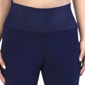 Women's <b>Navy</b> Blue High Waist Full Length Leggings Slim Fit Stretch Pants Wide Waistband Casual Yoga Workout Trousers - Product Image 2