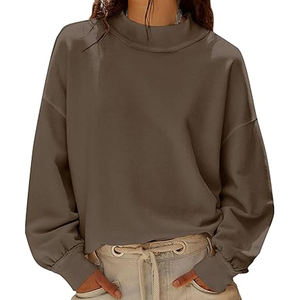 Sweat-shirt gris chiné pour femme, coupe taille haute, col montant, manches longues décontractées, devant uni et poignets à bande, pour le quotidien - Product Image 5