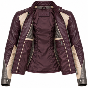 Blouson de course pour femme en cuir de vachette véritable, couleur bordeaux, gris crème, Darkry, coupe ajustée, style motard, vêtement d'extérieur sportif - Product Image 5