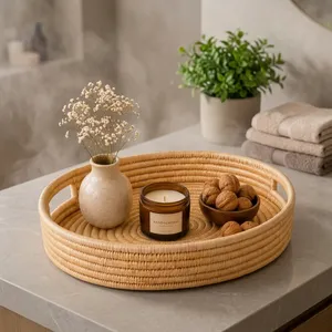 Handwoven Round Rattan Bohemian <b>Plant</b> & Floral Design Multi-Functional Decorative Rope Serving <b>Tray</b> & Platter - Product Image 5