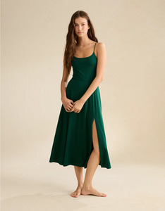 Robe de soirée vert foncé en coton pour femme, coupe droite, taille naturelle, dos nu, style Empire, éco-responsable - Product Image 1