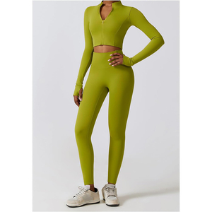 Women's Custom Logo Solid High Quality Breathable Sportswear 3 Piece Yoga Set Jacket Adjustable Backless Bra Short Tops Pockets - Product Image 1
