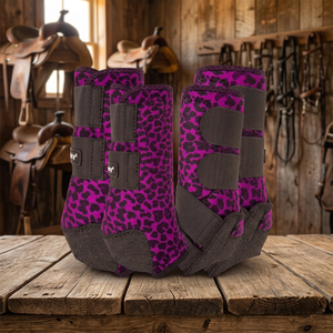 Bottes de protection pour chevaux TOUGH TACK TT-HSB-4, imprimé léopard rose, style course personnalisé, néoprène, fermeture auto-agrippante, légères et luxueuses - Product Image 3