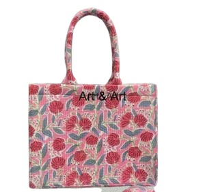 Grands sacs fourre-tout matelassés imprimés à la main floraux pour femmes fourre-tout de plage Boho Overnight Weekender pour faire du shopping épicerie - Product Image 1
