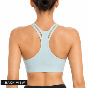 Sujetador deportivo de espalda cruzada de color liso para mujer, cuello redondo, soporte medio, transpirable, ropa deportiva de yoga, diseño sin costuras, azul claro - Product Image 2