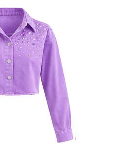 Chaqueta Vaquera Corta Personalizada para Mujer, Color Lavanda, con Adornos de Pedrería, Botones, Manga Larga, Estilo Casual Urbano - Product Image 4