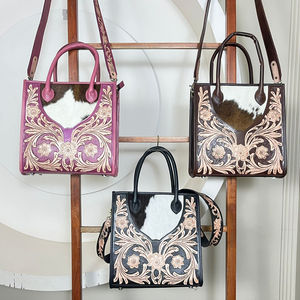 Western Floral Tooled Hair On Leather Women's Tote Bags High Quality Crossbody Top Handle Travel Tote Bags With <b>Adjustable</b> <b>Strap</b> - Product Image 4