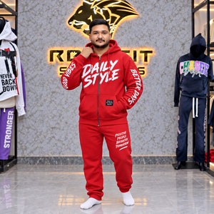 Men's Custom Red Full <b>Zip</b> <b>Hooded</b> Tracksuit Graphic Printed Casual Winter Cotton Fleece Sweatshirt Jogging Pants Set Custom Label - Product Image 3