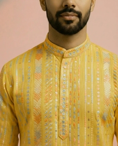 Yellow Traditional Unisex 100% Cotton Woven Mandarin Collar Full Sleeve Shirt Faux <b>Fur</b> Embroidered Button Front Knee Length - Product Image 5