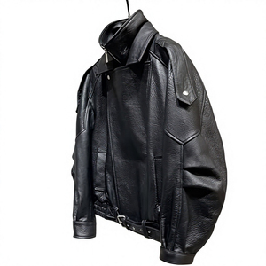 HARAZ INTERNATIONAL Blouson de moto en cuir véritable pour homme, col rabattable, fermeture éclair, design ceinturé, style automne, coupe classique - Product Image 2