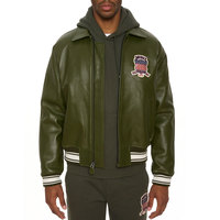 Blouson aviateur en cuir vert olive pour homme Avirex, col rabattu, fermeture éclair, design patchwork, style moto, vêtement d'automne