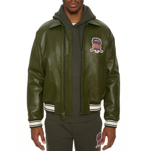 Blouson aviateur en cuir vert olive pour homme Avirex, col rabattu, fermeture éclair, design patchwork, style moto, vêtement d'automne - Product Image 4