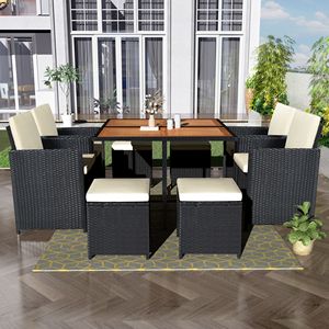 Set da Pranzo da Esterno in Rattan PE Resistente alle Intemperie con Piano in Legno, 8 Posti, Rattan Nero + Cuscini Beige, Set da Giardino 9 Pezzi - Product Image 1