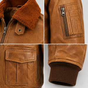 <b>Mens</b> Motorcycle Leather Flight <b>Jacket</b> Turn-down Collar <b>Cargo</b> Pockets Rib Knit Waistband Canvas Front Waterproof Windproof - Product Image 5