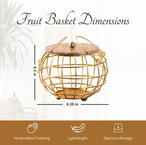 Gold Metal <b>Wire</b> Fruit <b>Basket</b> with Wooden Lid | Decorative Storage Fruit Bowl | Modern Kitchen Organizer - Product Image 4