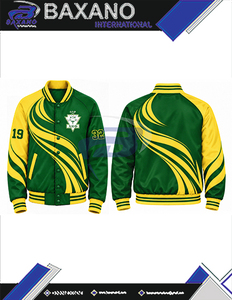 Chaqueta universitaria de satén verde y amarillo con contraste para mujer Chi Eta Phi, bordada con letras griegas, cuello y puños de punto a rayas, ropa exterior - Product Image 6