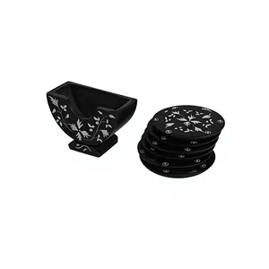 Black Marble Inlay <b>Round</b> Coaster Set Handmade Stone Coasters with 10mm Thick Matching Holder Luxury Home Decor - Product Image 3