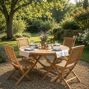 <b>Folding</b> Teak Wood Dining <b>Table</b> Set <b>Round</b> Outdoor Garden Furniture Combo - Product Image 1