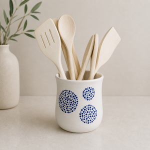 Printed Ceramic Utensil Holder Blue Dot Pattern Smooth Glaze High <b>Fired</b> Durable Kitchen Countertop Storage Organizer Jar - Product Image 1