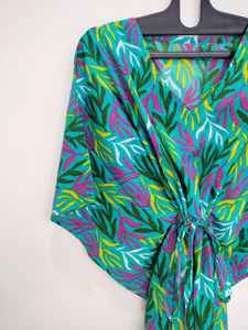 Robe Kaftan en Coton à Imprimé Feuilles de Palmier et Dentelle, Style Vintage, Longueur Genou, Cache-maillot de Plage Indien, Col en V, Manches 3/4, Légère, Vêtement de Nuit - Product Image 5