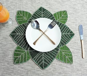 Handmade Flower Shape Fabric <b>Placemat</b> Green Beaded Leaf Design Bohemian Table Mat Decorative <b>Set</b> - Product Image 5