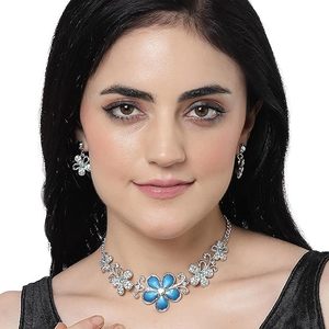 Ensemble collier et boucles d'oreilles en cristal bleu avec motif floral, bijoux romantiques pour femmes, plaqué argent, pour soirée - Product Image 2