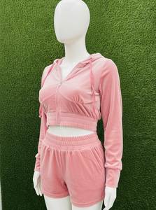 Ensemble 2 pièces en velours rose pour femme, respirant, streetwear, crop top à capuche avec fermeture éclair, short au-dessus du genou, décontracté, printemps-été - Product Image 5