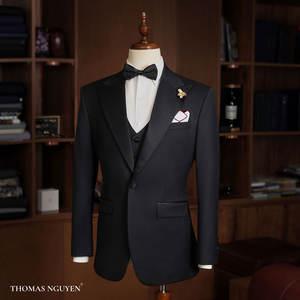 Costume de mariage noir sur mesure pour homme, 3 pièces, style « Midnight Star » de luxe |   Veste, pantalon et gilet |   Tinh Vu Vietnam - Product Image 1