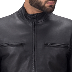 Chaqueta de Motociclista de Cuero PU Negra para Hombre, Cuello Alto, Cierre de Cremallera, Color Sólido, Largo Regular, Estilo Biker de Otoño - Product Image 6