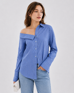Camisa de Mujer a Rayas de Alta Calidad, Moderna, con Pliegues Delanteros, Mangas Largas, Cuello, Tejido de Rayón, Corte Regular, Casual, Lavable - Product Image 1