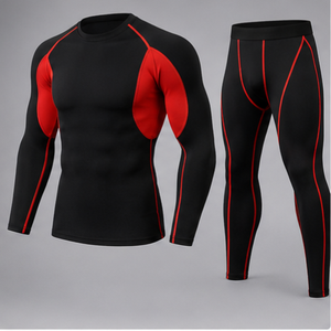 Black Red Contrast Compression Long Sleeve <b>Top</b> and Full Length Pants Set Crew Neck High Waist Seamless <b>Sweat</b> Wicking Yoga Wear - Product Image 1