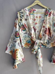 Blusa de Algodón Indio con Estampado Floral, Blusa Boho Hecha a Mano para Mujer, Manga Larga, Informal, para Verano, Talla Única - Product Image 6