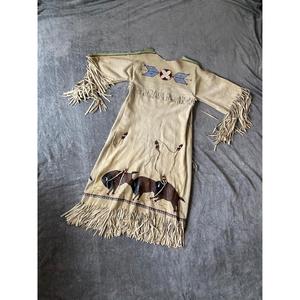 Handmade Boho Embroidered Solid Animal Print Maxi Dress <b>Three</b> Quarter Fringed Hem Regular Fit Natural Waist Vintage Style Woven - Product Image 2