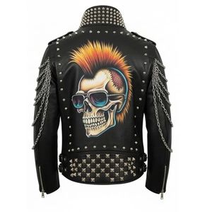 Chaqueta de cuero con tachuelas estilo punk rock extremo para motocicleta, cuello alto, parche de calavera con pinchos, diseño patchwork, cremallera de verano, casual elegante - Product Image 1