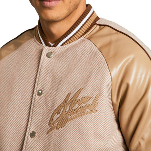<b>Men</b>’s Premium Beige Varsity <b>Jacket</b> Button-Up Baseball Bomber with Contrast <b>Leather</b> Sleeves Custom Logo <b>Men's</b> Premium <b>Jackets</b> - Product Image 5