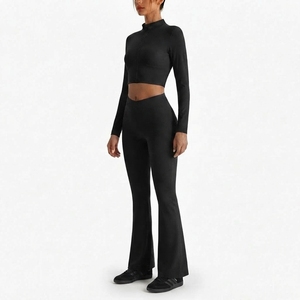 Conjunto Deportivo de 2 Piezas para Mujer, Top Corto de Manga Larga con Cierre Frontal y Leggings Ajustados de Cintura Alta, Ropa Deportiva - Product Image 2