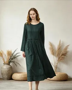 Vestido Midi de Lino y Algodón Verde de Lujo con Cuello Redondo y Manga Larga, Estilo Bohemio, Corte Holgado, para Uso Diario Informal de Verano - Product Image 1